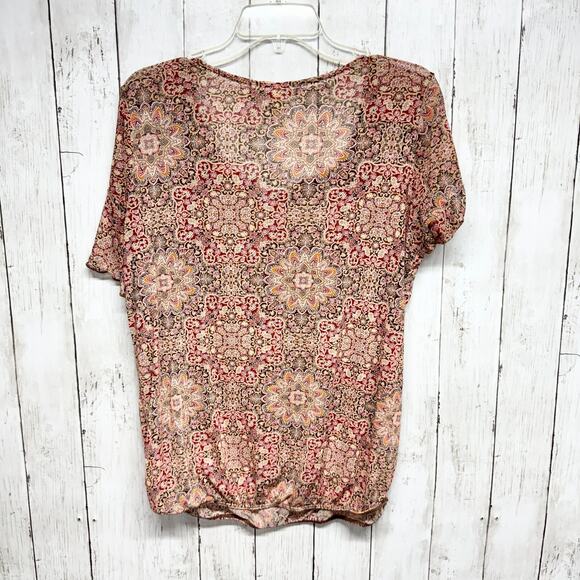 Perseption Concept Blouse Size L Swoop Neck Short Sleeve Floral Orange Ruffled - Picture 3 of 3